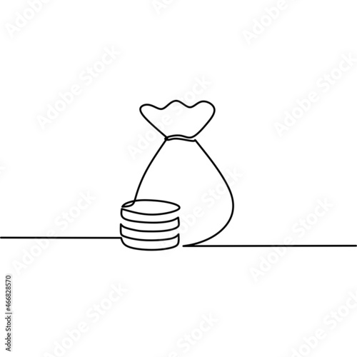 Continuous line drawing of money bag with dollar coin, money saving concept, business icon, object one line, single line art, hand drawn vector illustration