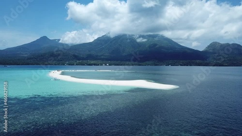 Amazing Drone Shot of Camiguin Island Camiguin Northern Mindanao Philippines, Tropical Country, Sandbar, View of the sea and Mountains, Blue Sky, Active Volcano Island, Beach