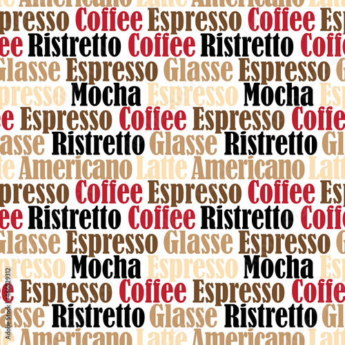 Coffee seamless pattern design. Decorate text in brown colors.