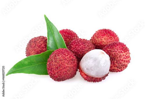Lychee with leaves isolated on white background