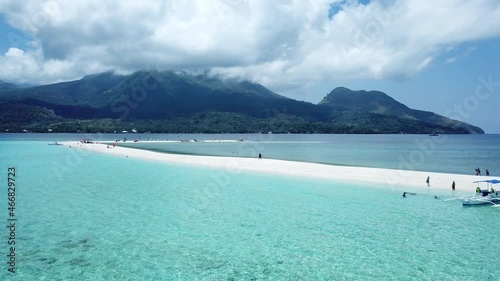 Amazing Drone Shot of Camiguin Island Camiguin Northern Mindanao Philippines, Tropical Country, Sandbar, View of the sea and Mountains, Blue Sky, Active Volcano Island, Beach