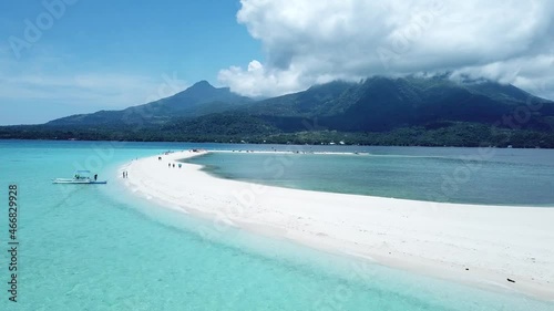 Amazing Drone Shot of Camiguin Island Camiguin Northern Mindanao Philippines, Tropical Country, Sandbar, View of the sea and Mountains, Blue Sky, Active Volcano Island, Beach