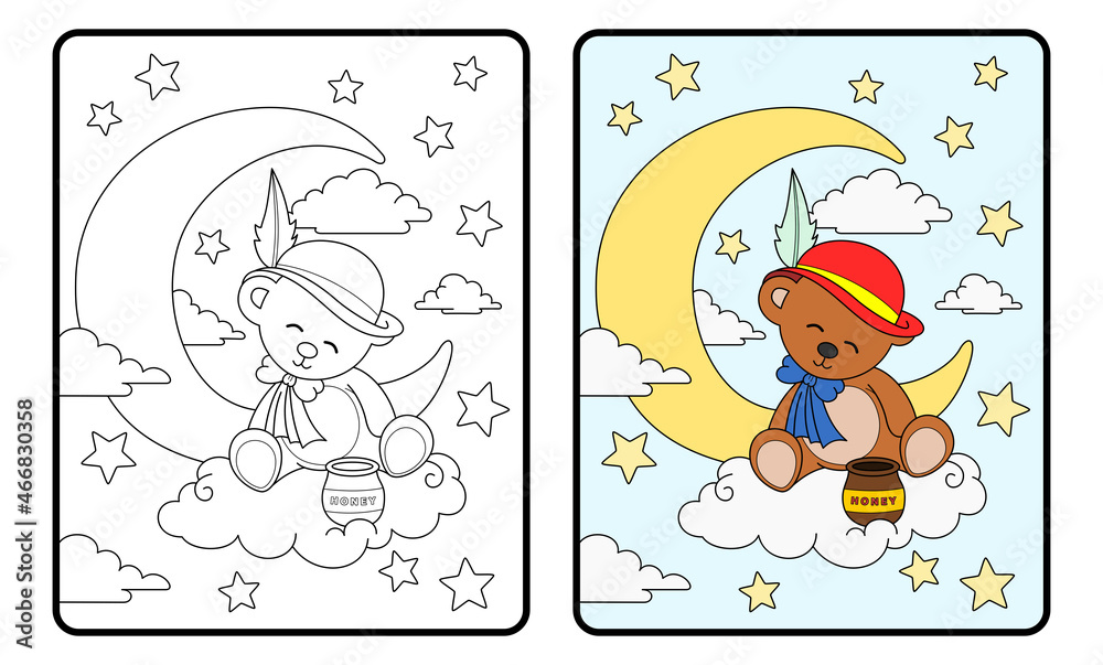 bear and moon coloring book or page, education for children