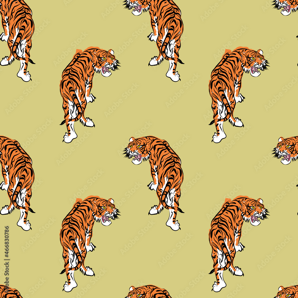 Obraz premium Tiger animal on white background. Brush stroke effect. Use it for card, poster or package print design. Vector illustration.