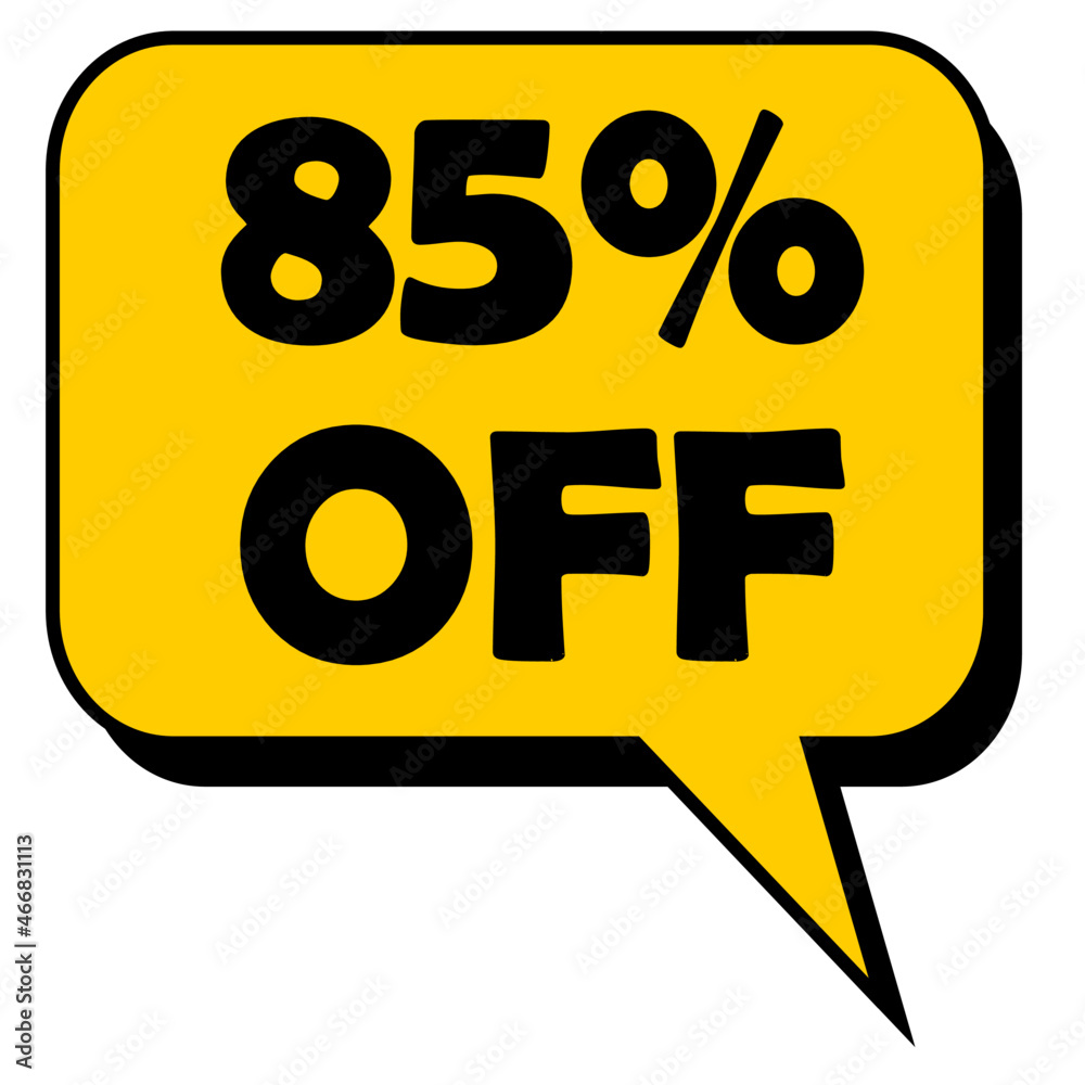 simple yellow shaded discount promotion balloon with 85% off written in black and white background editable vectorized image