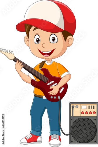 Cartoon little boy playing electric guitar