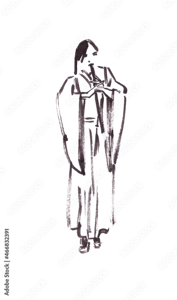 girl musician in chinese hanfu playing xiao flute, ink drawing in chinese style girl musician in chinese hanfu playing xiao flute, ink drawing in chinese style