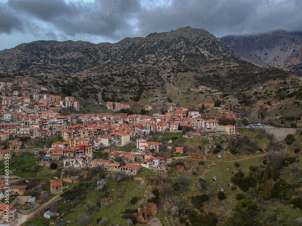 Aerial view of the picturesque village of Arachova, Boeotia, Greece
