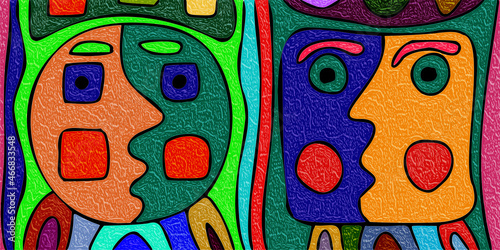 Funny masks, abstract people, clowns. Bright vector banner.
