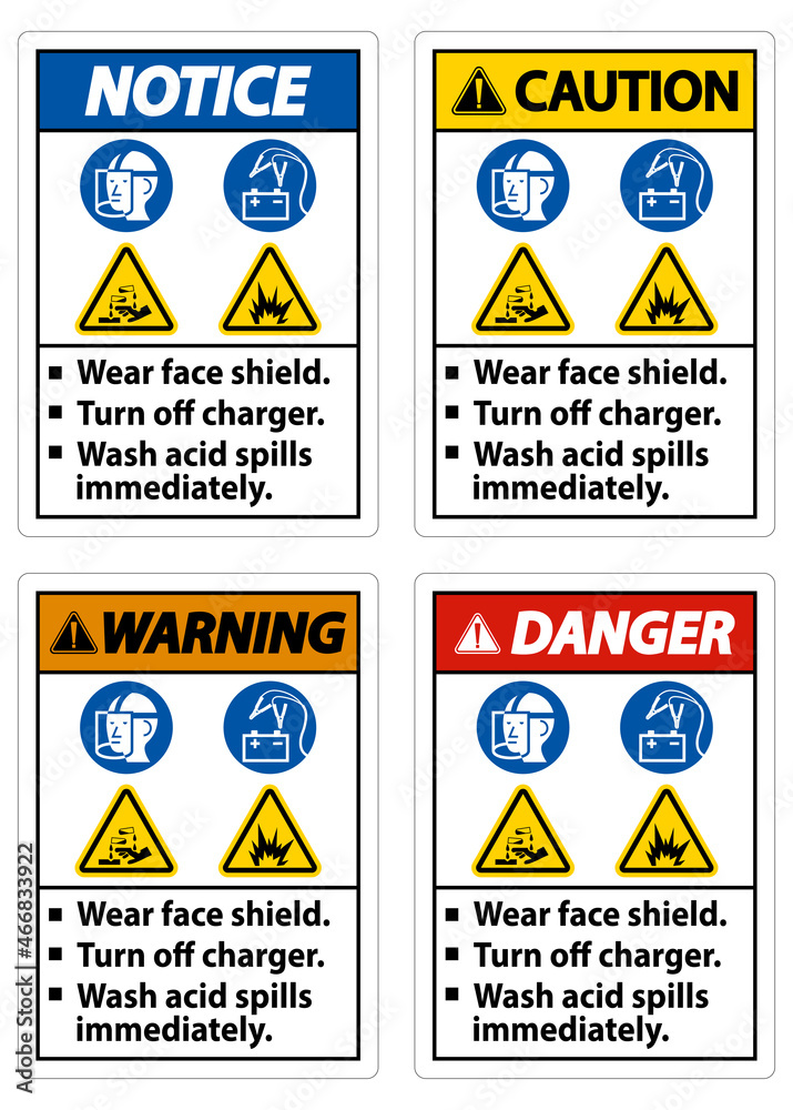 Plakat Warning Sign Wear Face Shield, Turn Off Charger, Wash Acid Spills Immediately