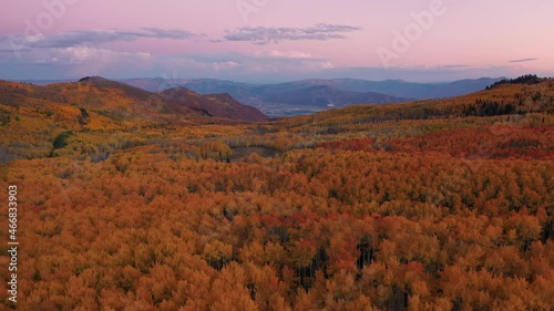 Wide aerial view of colorful Autumn landscape in the Utah mountains a sunset looking towards Heber City. photo