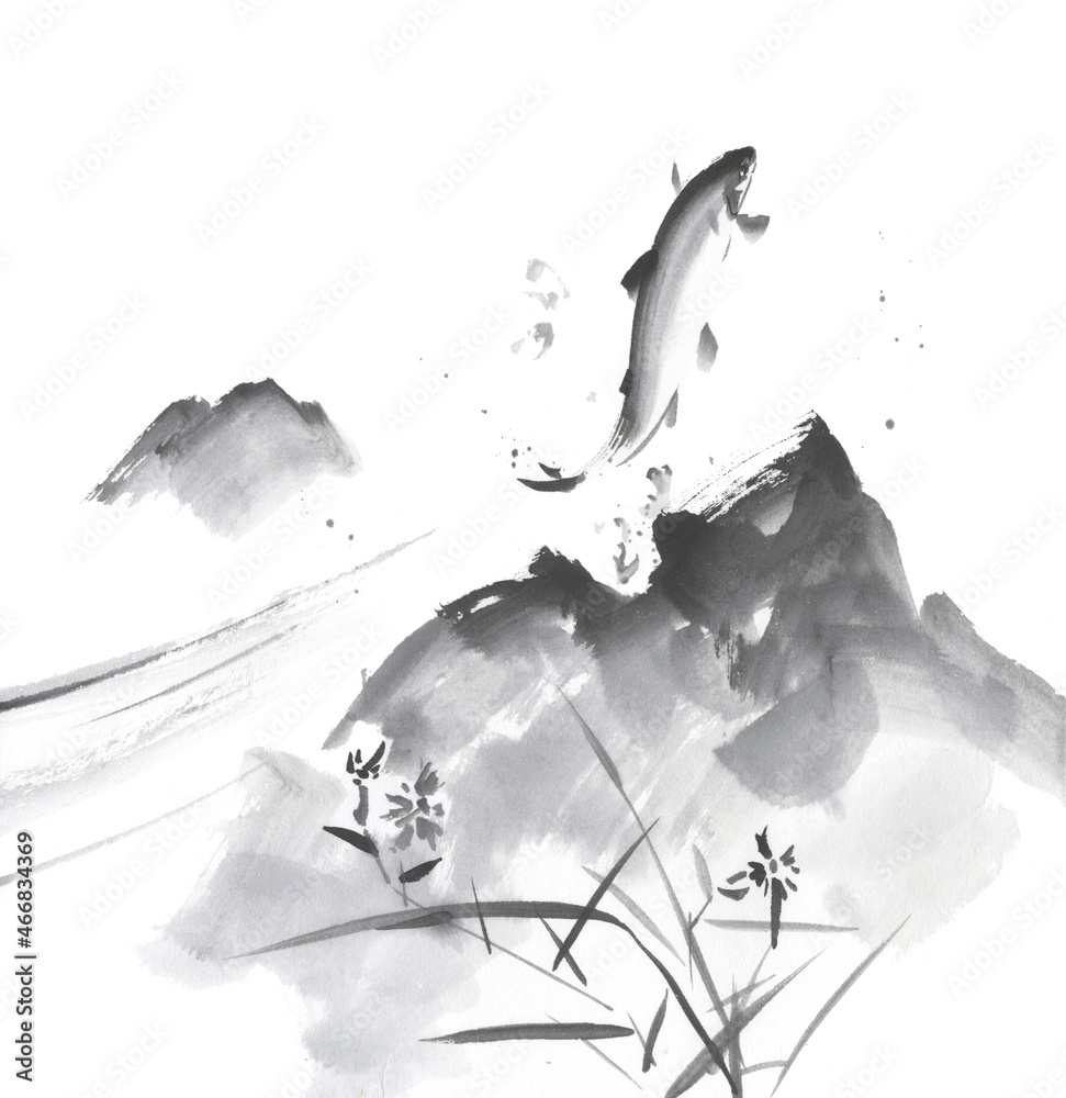 飛び跳ねる鮎 背景に岩と花 墨絵イラスト Stock Illustration Adobe Stock