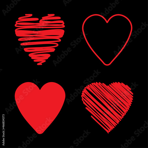 Collection of felt pen hearts icons. Black background. Love symbol. Romantic art design. Vector illustration. Stock image.
