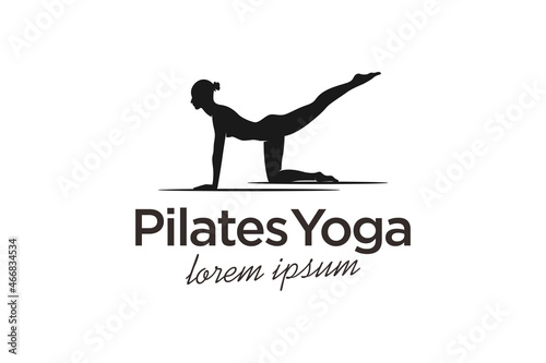 Pose Pilates Logo Yoga Woman Silhouette , Girl with Beauty Body Hair and Face at gym logo design
