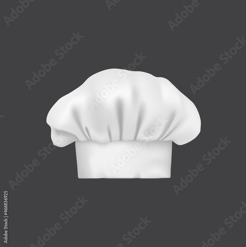 Realistic chef hat, cook cap and baker toque. 3d white chef hat. Vector restaurant stuff headwear, kitchen headdress, costume for culinary, isolated head wear with folded crown vintage clothes