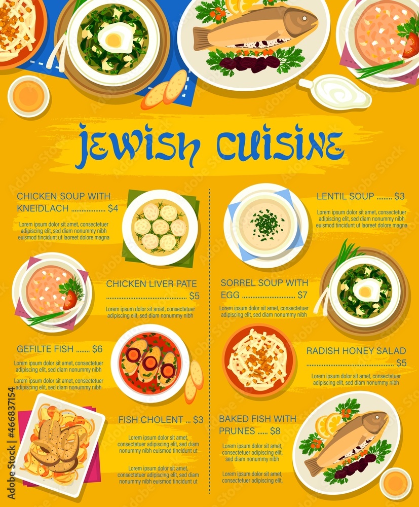 Jewish cuisine restaurant menu cover template. Lentil and sorrel soup with egg, gefilte and baked fish with prunes, radish honey salad, chicken liver pate and soup with kneidlach, fish cholent vector
