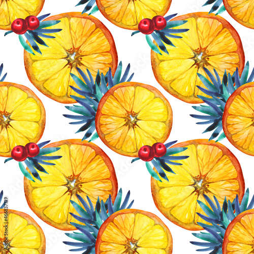 Christmas seamless pattern watercolor background. Citrus fruit slice orange or lemon  red berries  green blue branch pine tree on white. Hand-drawn food and toy for menu  new year  wrapping