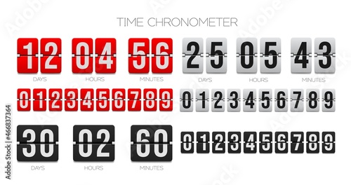 Flip countdown clock counter. Time chronometer, count down flip board with scoreboard of day, hour, minutes and seconds. Sale coming soon timer, airport dashboard departure time vector design elements