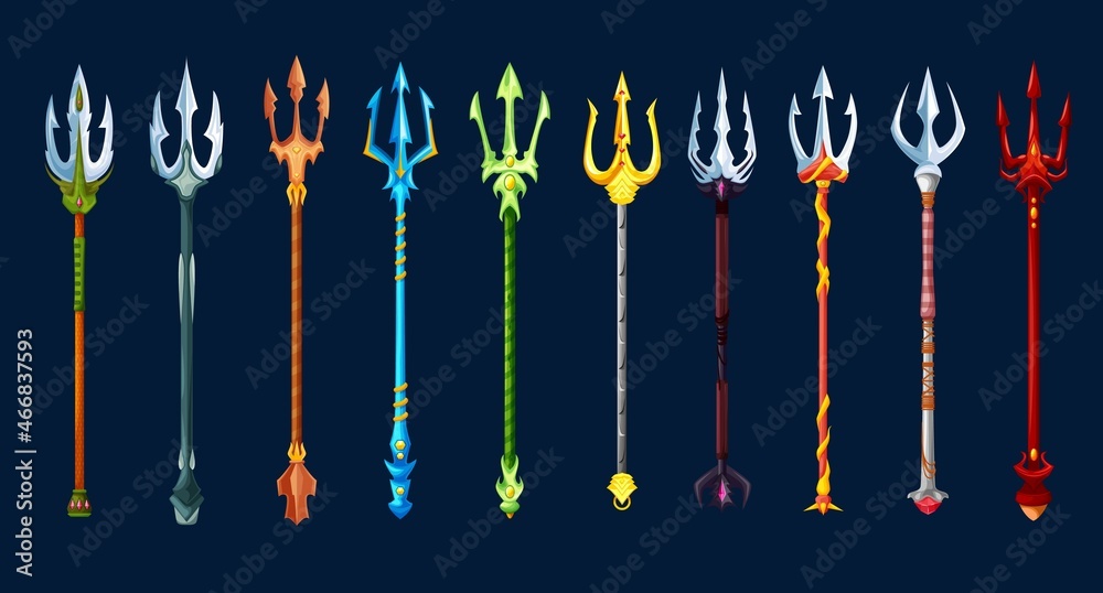 Fantasy magic tridents game weapon asset. Poseidon god, gladiator warrior, devil or demon golden