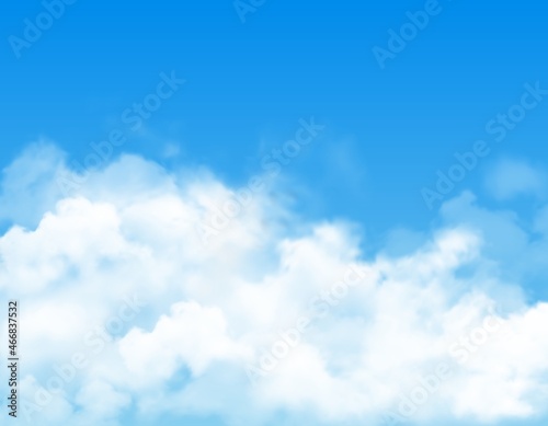 White fluffy clouds or fog on blue sky background. Vector cloudy backdrop, realistic mist, vapor or white smoke. Climate, weather forecast or environment air pollution, heaven on sky backdrop © Vector Tradition