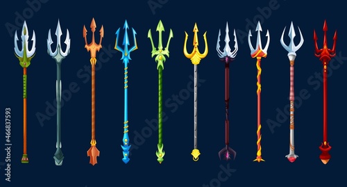 Fantasy magic tridents game weapon asset. Poseidon god, gladiator warrior, devil or demon golden, silver and red pitchfork weapon cartoon vector GUI icons. Fairytale spear or magic lance artifact set