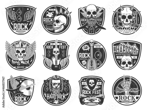 Hard rock and heavy metal music festival concert icons. Isolated vector skulls, rocker musician guitar, drums, loudspeakers and skeleton rock n roll horn, mohawk, beard, lightnings, flames and wings