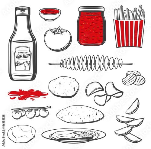 Potatoes and tomatoes fast food sauces and meals. Vector plate with mashed potato, ketchup splatter or smudge, tomato sauce bottle, glass jar and bowl, french fries, spiral chips and yam sweet potato