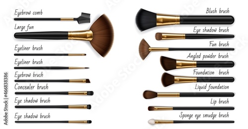 Makeup cosmetic luxury brushes, isolated realistic vector mockups set. Face beauty brushes, eyebrow comb and eyeliner or eye shadow sponge and smudge brush for foundation or concealer and liquid blush