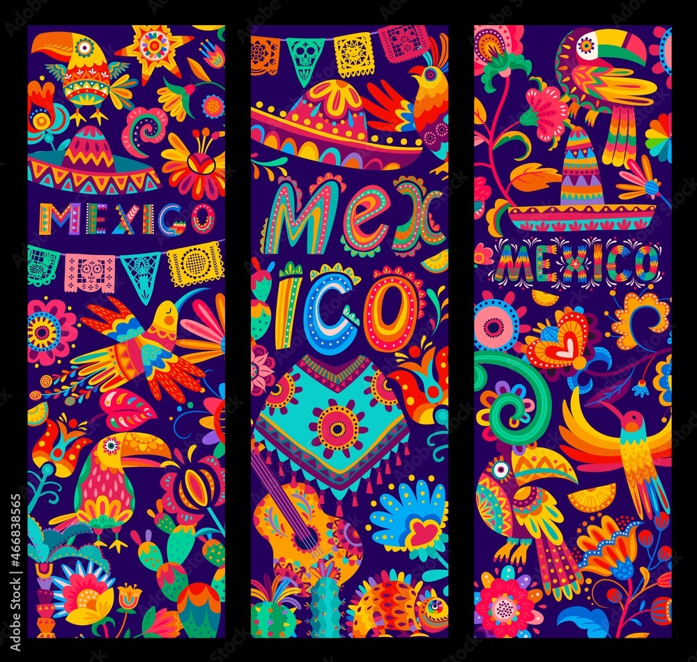 Mexican banners with sombrero, poncho and guitar, parrot and toucan, flowers and cactus, vector. Mexico alebrije craft art or papel picado pattern for Mexican fiesta, birds, chameleons and skulls Mexican banners with sombrero, poncho and guitar, parrot and toucan, flowers and cactus, vector. Mexico alebrije craft art or papel picado pattern for Mexican fiesta, birds, chameleons and skulls
