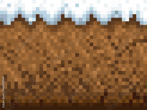 Ice, snow and ground blocks pattern, cubic pixel game background. Winter season 8bit gaming interface 2d technology. Retro backdrop with soil layer and icy cap underground, earth cross section