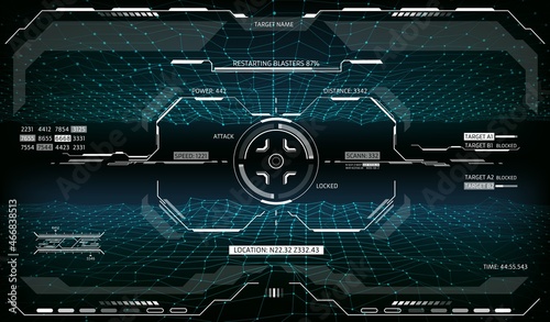 HUD target aim control, futuristic display monitor screen interface. Vector sci fi , UI frame, optical aiming, spaceship crosshair. Gun focus indication, low poly scanning mode of collimator sight