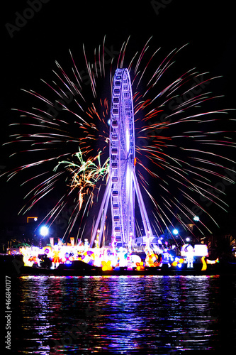 Photography colorful fireworks on cityscape in the night as beautiful background concept,Hap