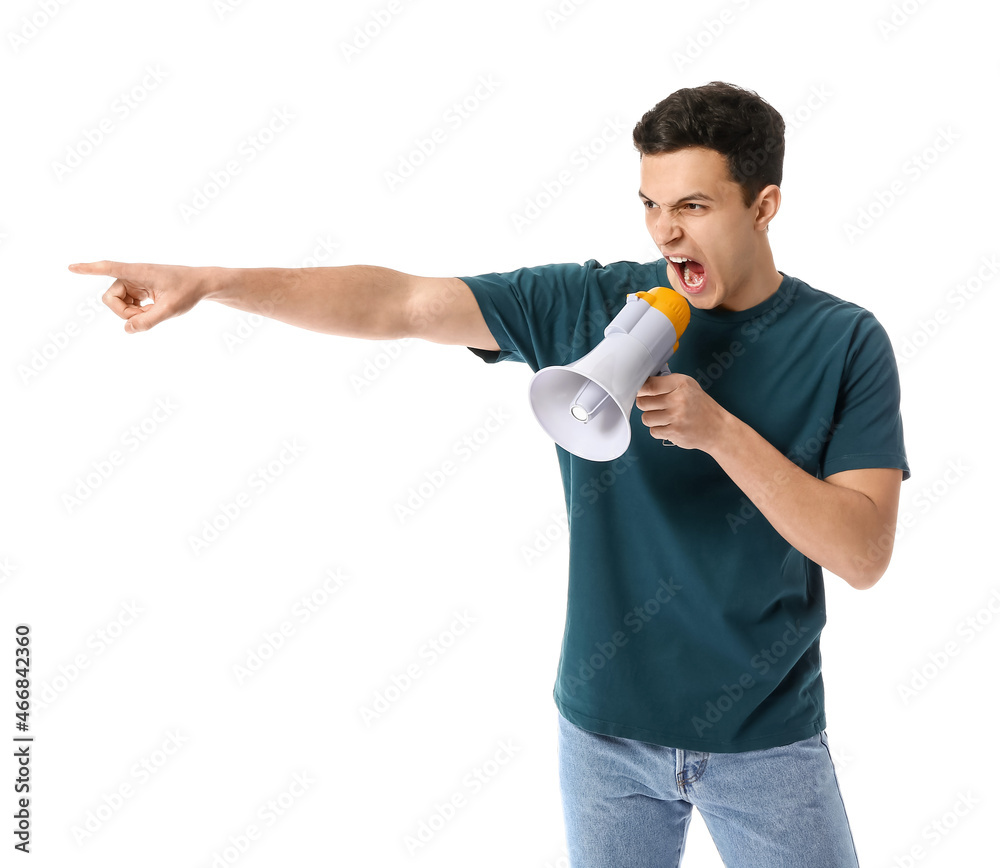 Protesting young man with megaphone on white background Protesting young man with megaphone on white background