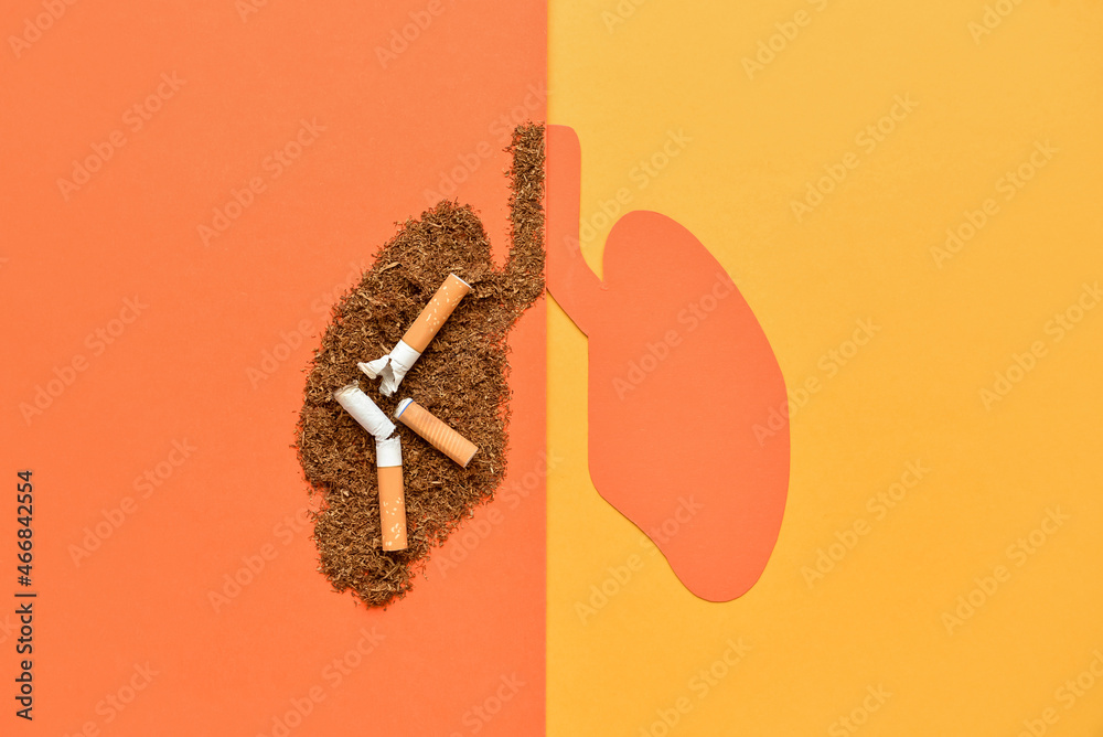 Paper lungs with cigarettes and tobacco on orange background - obrazy, fototapety, plakaty 