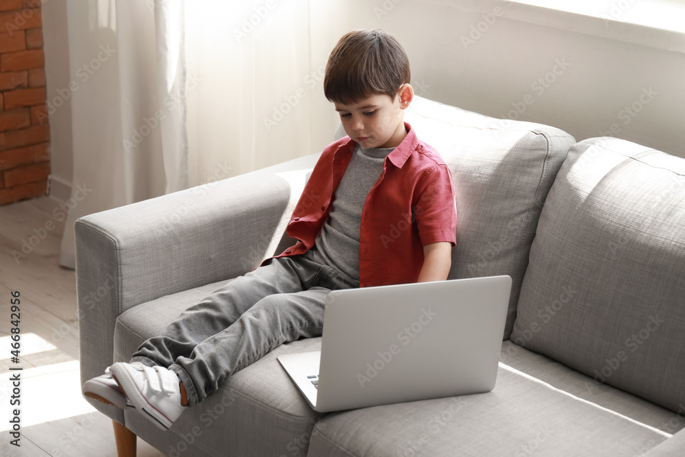 Naklejka premium Little boy watching cartoons with laptop on sofa in living room