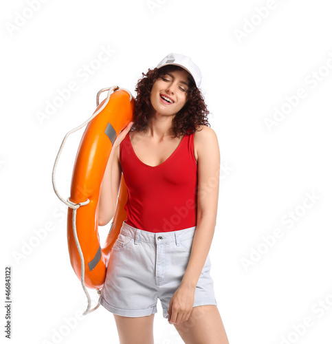 Happy woman wearing basebal...