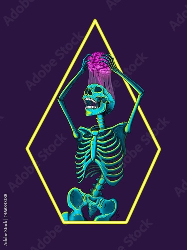 Spooky Neon Skeleton Removing Brain 