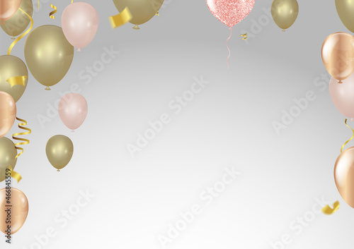 Vector Design golden color balloons with confetti, ribbons on light background. Festive illustration, greeting card