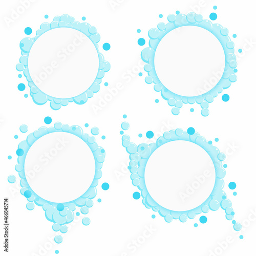 Cartoon soap bubbles frame. Blue foam suds isolated on white background. Vector set. Place for text