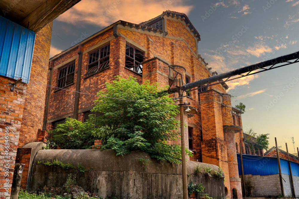 Abandoned red brick factory building in a Chinese city
