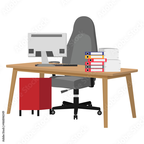 Desk with modern wooden chair and table with beautiful design with 3d view with some paper pile file folders pc computer with cabinet drawer