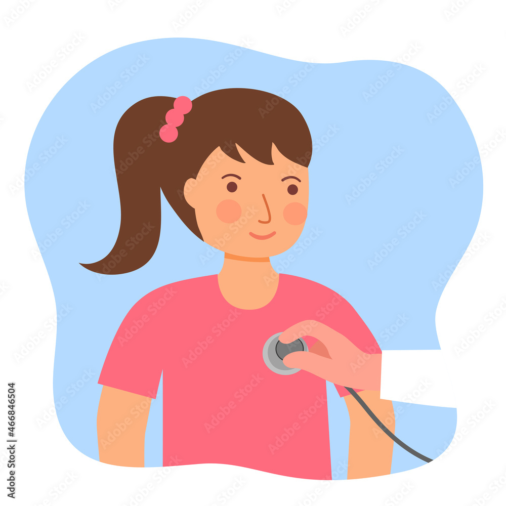 Girl child get health checkup at hospital in flat design. Annual health check for kids.