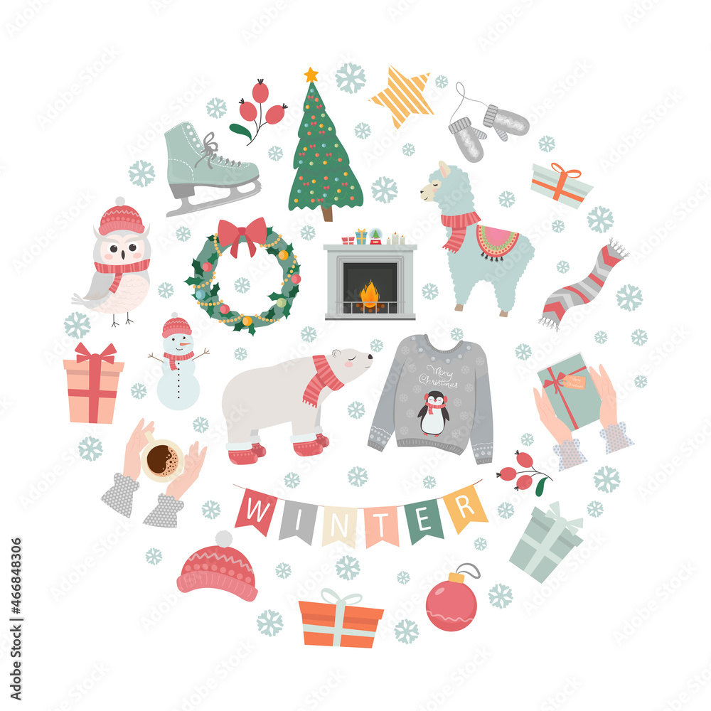 Winter, Christmas and New Year set. Collection of winter elements, sweater, scarf, Christmas wreath, mittens, hat, skates, gift and cute animals. Winter, Christmas and New Year set. Collection of winter elements, sweater, scarf, Christmas wreath, mittens, hat, skates, gift and cute animals.