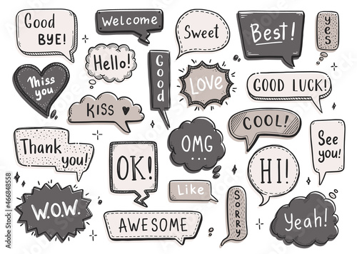 Comic speech bubble set with dialog word hi, ok, bye, welcome. Hand drawn sketch doodle style. Vector illustration speech bubble chat, message element.