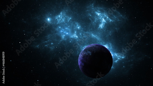 Planet in galaxy star clusters, colored gas clouds in abstract space. Outer space. Space nebula. 3d render © angel_nt