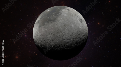 Moon in outer space against the background of stars, planets, galaxies and nebulae. Craters Surface moon satellite. 3d render