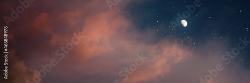 Fototapeta Naklejka Na Ścianę i Meble -  Pink Night Sky With Stars & Moon