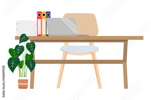 Flat modern desk for home office freelancer with wooden chair table and pc laptop computer with some paper pile file folder house plants