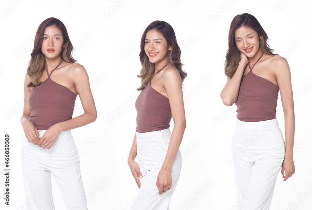 Set of Three half body Figure snap of 20s Asian Woman brown hair casual dress pant. Female stands Set of Three half body Figure snap of 20s Asian Woman brown hair casual dress pant. Female stands