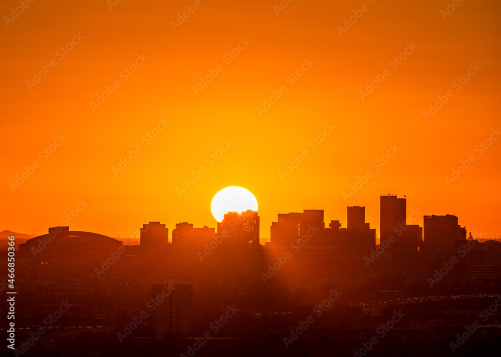 Sunset behind the downtown Phoenix, Arizona skyline